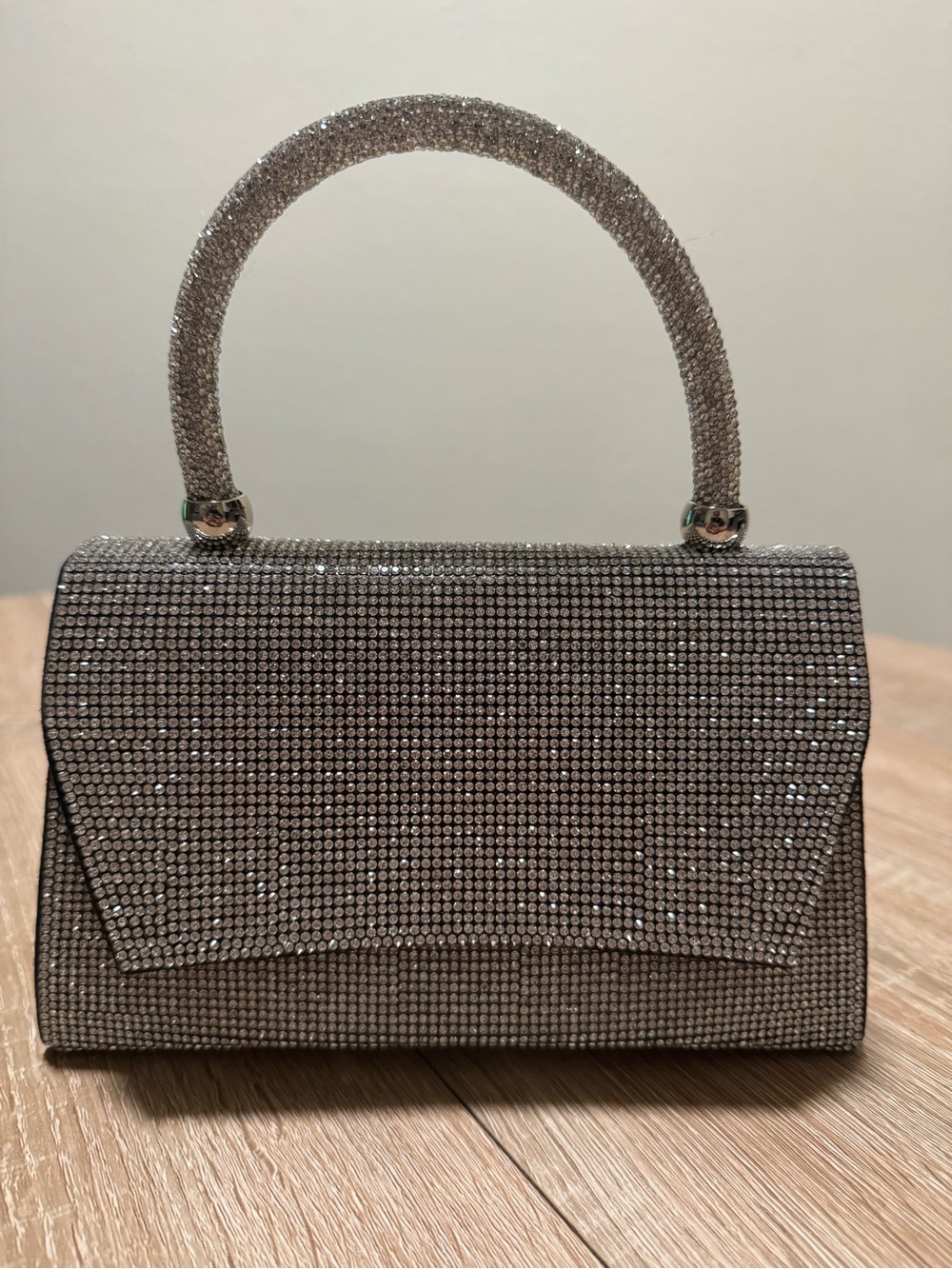 Rhinestone-Embellished Silver Evening Top Handle Clutch